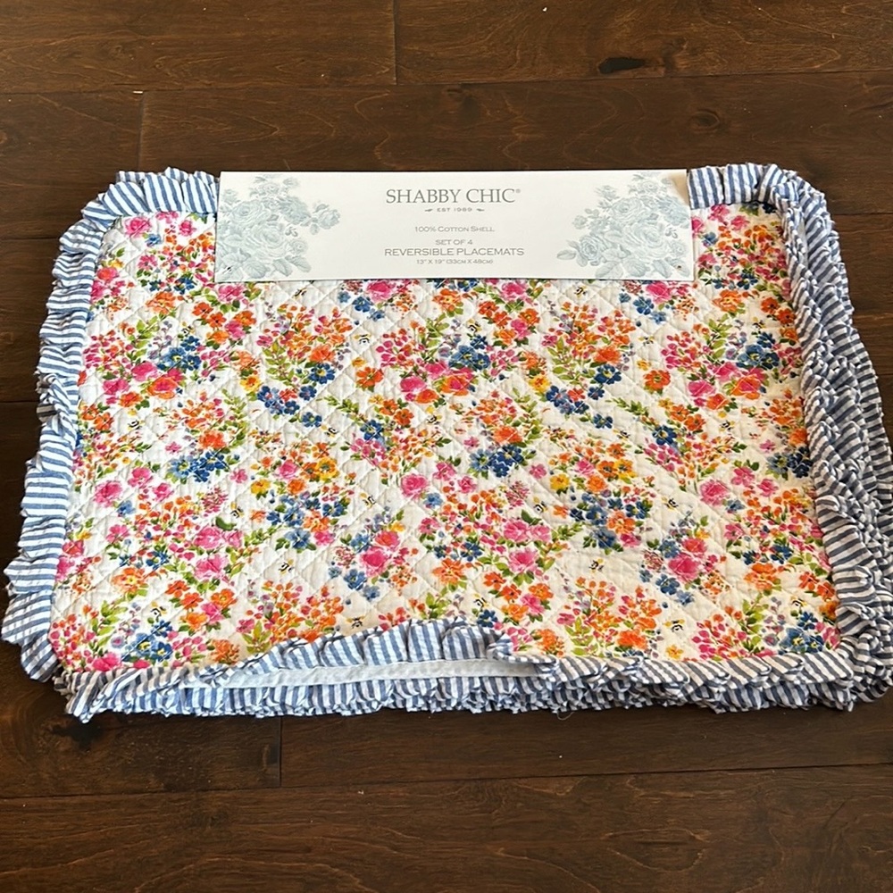 Shabby Chic Reversible Placemats Floral Quilted New Fall Linens Set Of 4